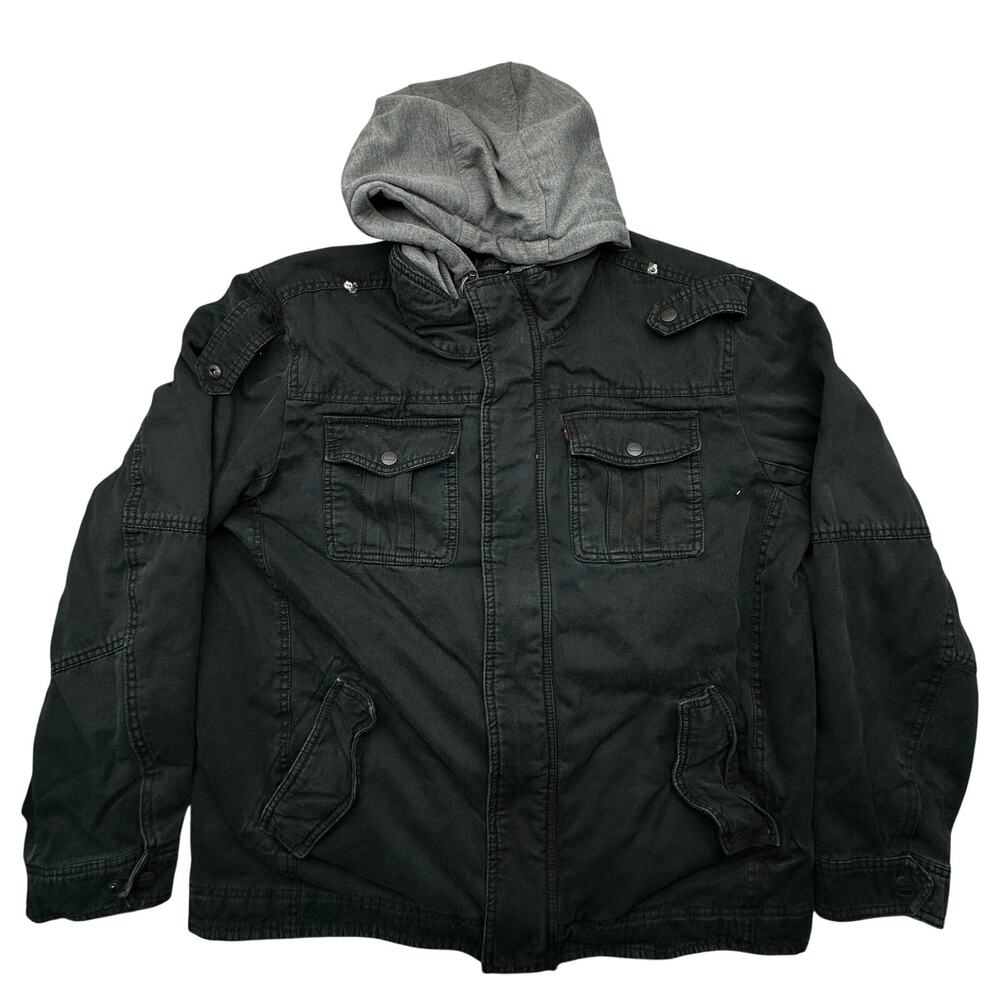 Levis Quilt Lined Military Field Jacket Hoodie Mens Large Full Zip Snap Black